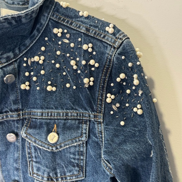 NWT Anthropologie Donovan Pearled Denim Trucker Button Down Jacket Distressed Sm - Picture 6 of 15